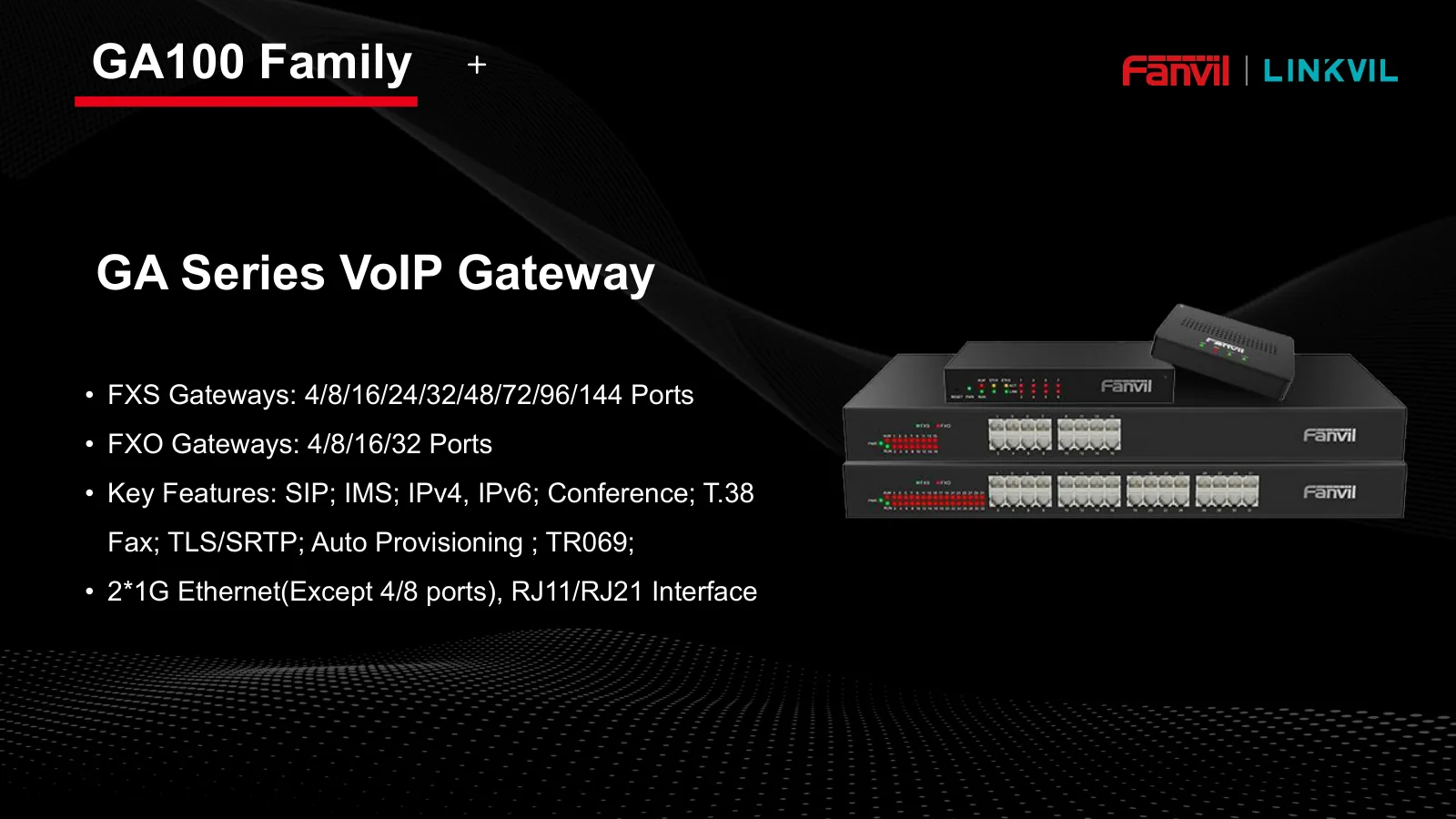Fanvil GA100-series VoIP gateway with FXS up to 144 ports and FXO up to 32 ports, supporting SIP, T.38 fax, and TLS/SRTP