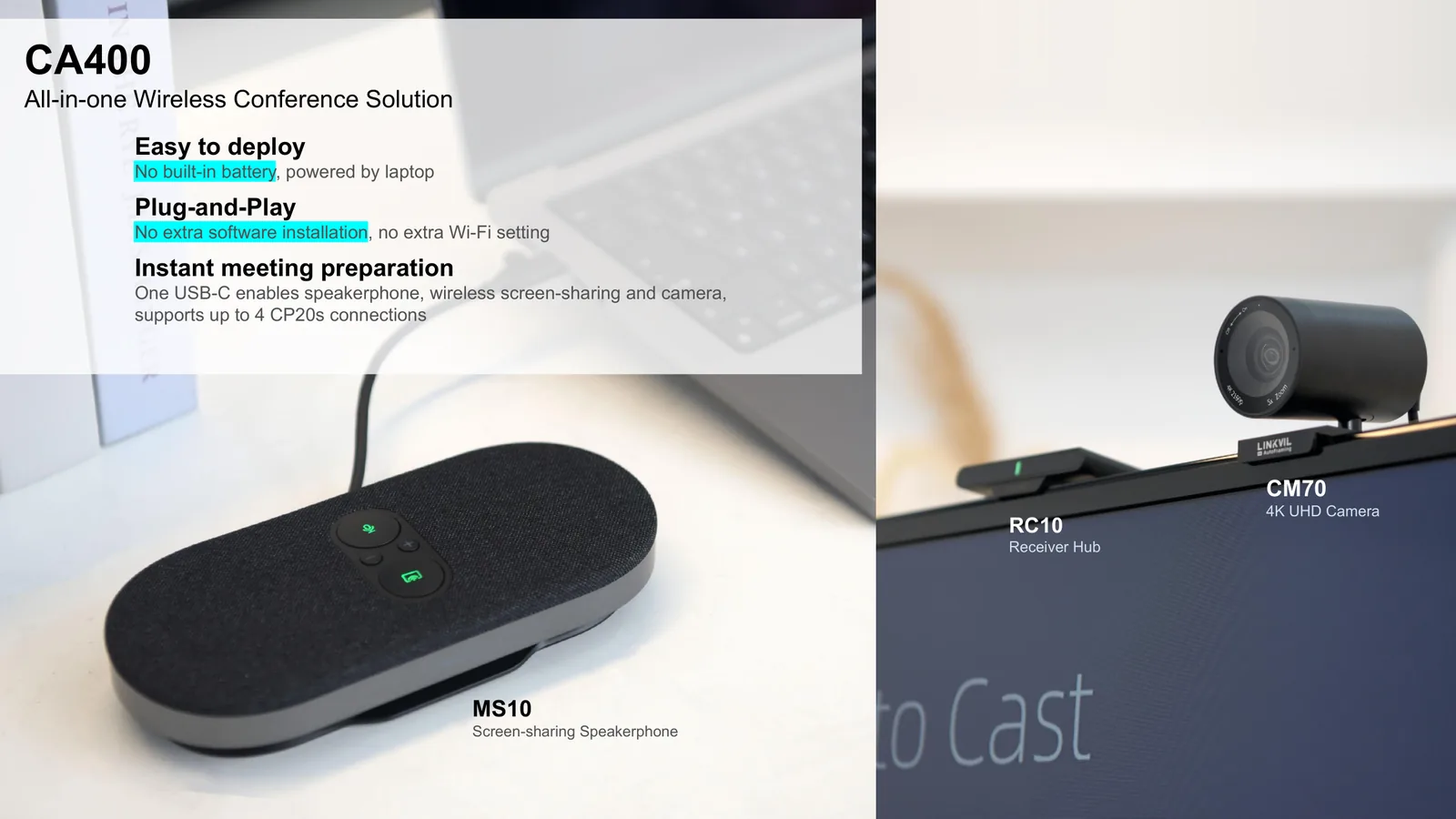 Linkvil CA400 all-in-one wireless conference solution: MS10 speakerphone, 4K CM70 camera, and RC10 receiver