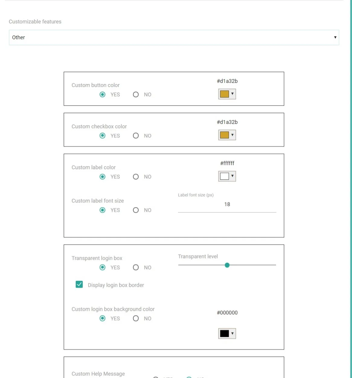 Panel kustomisasi Portalista dengan opsi warna tombol, warna checkbox, warna label, dan kotak login transparan