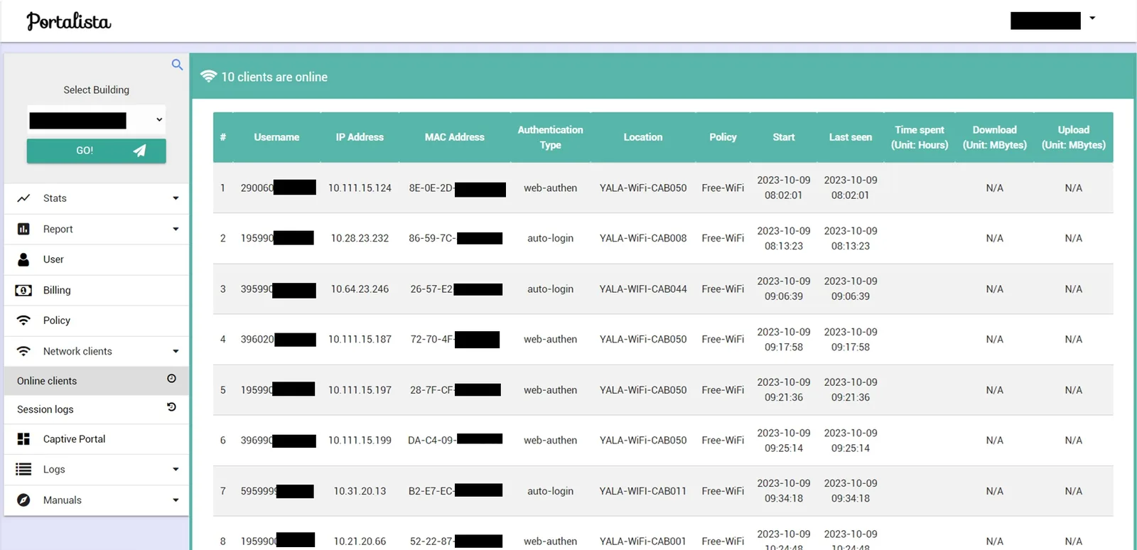Portalista dashboard showing online clients with username, IP, policy, location, and session details