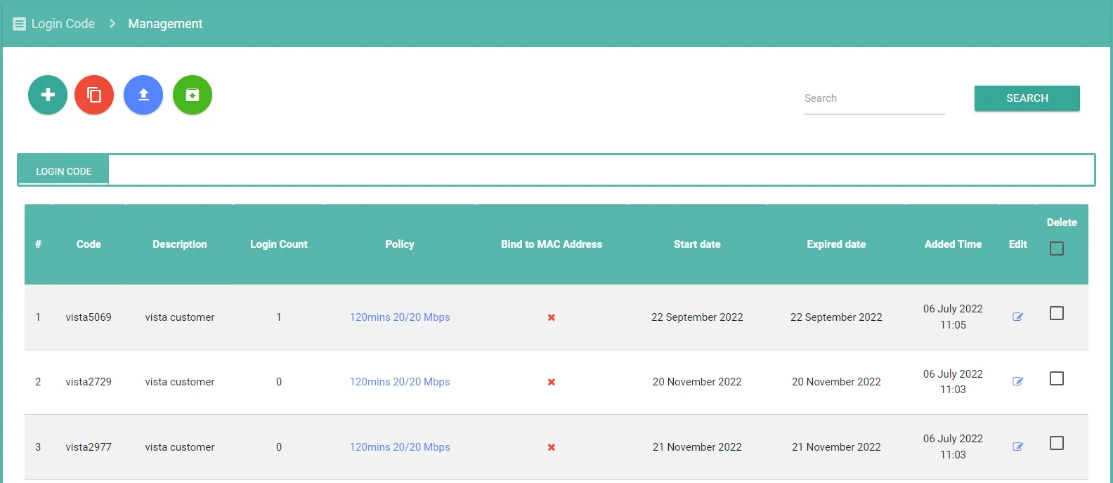 Portalista login code management screen listing codes, descriptions, policies, and expiry dates
