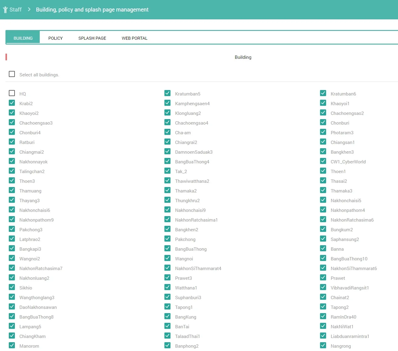 Portalista staff management screen assigning buildings, policies, splash pages, and web portals to a staff member
