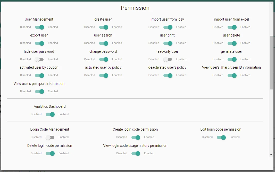 Portalista permission toggles for user management, analytics dashboard, and login code management