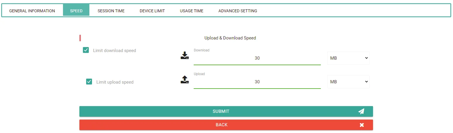 Portalista speed policy screen setting download and upload limits for a user group