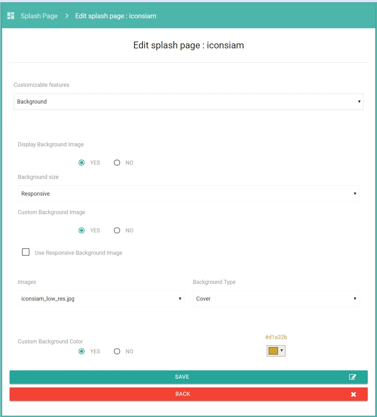 Editor splash page Portalista menampilkan pengaturan gambar latar dan tata letak captive portal
