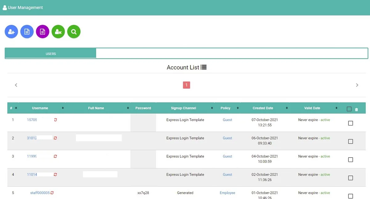 Portalista user management account list showing signup channel, policy, and account validity
