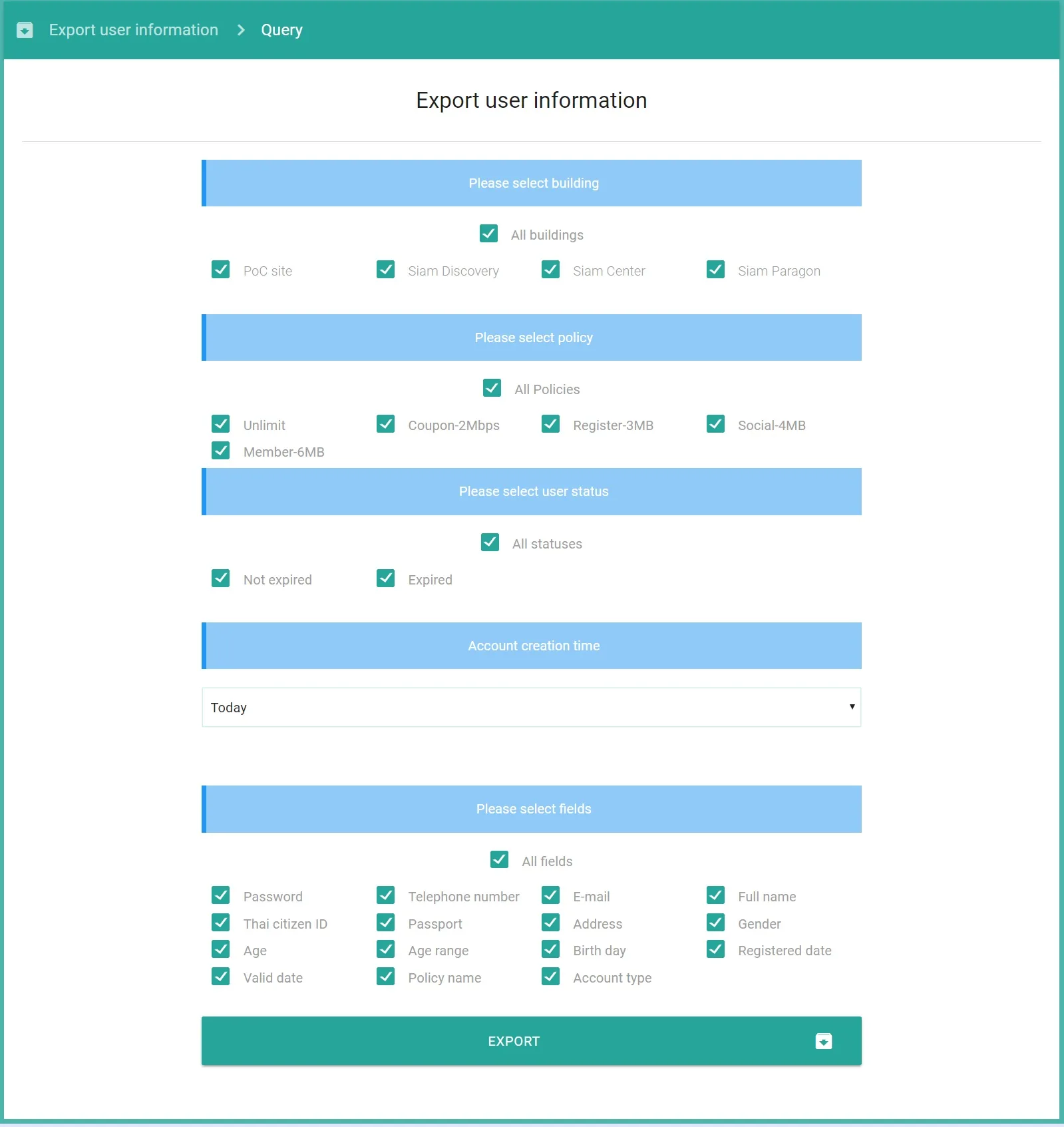 Portalista report screen for exporting user information filtered by building, policy, status, and fields